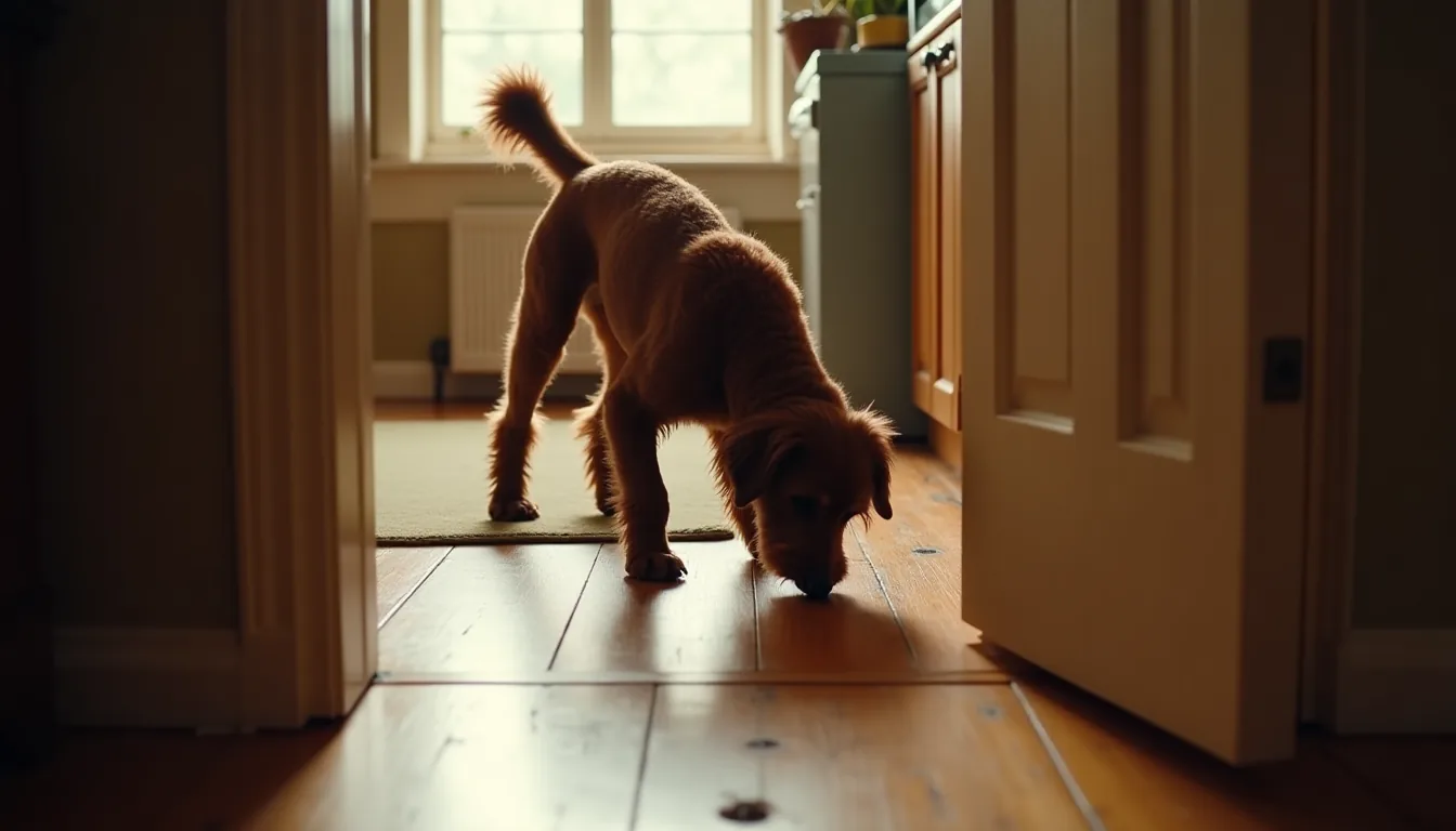 Lean chocolate poodle with cropped muzzle sniffing a snuffle mat on hardwood floors, framed through an open doorway in warm afternoon light.