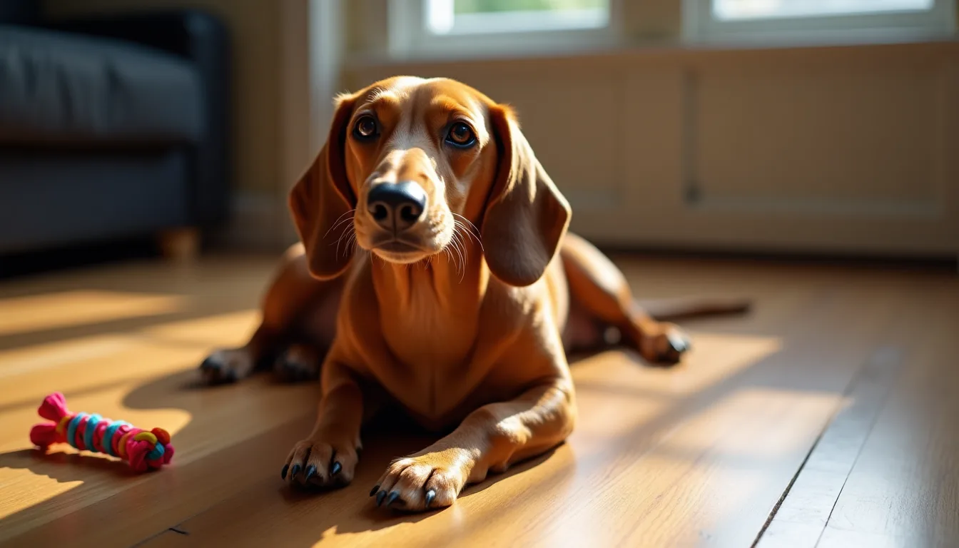 Red smooth-coat dachshund lying on hardwood floor looking up at camera with a flirt pole lure beside its paws in morning light.