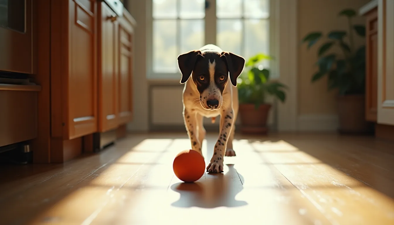 Short-haired white and liver pointer walking toward a stuffed Kong toy on a worn hardwood kitchen floor in morning light.