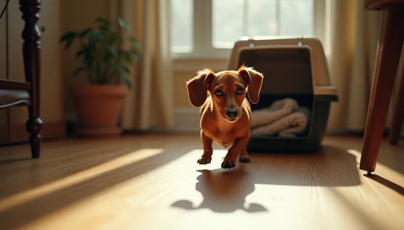 Red smooth-coat dachshund trotting toward an open hard shell pet carrier on light oak hardwood floors, afternoon light.