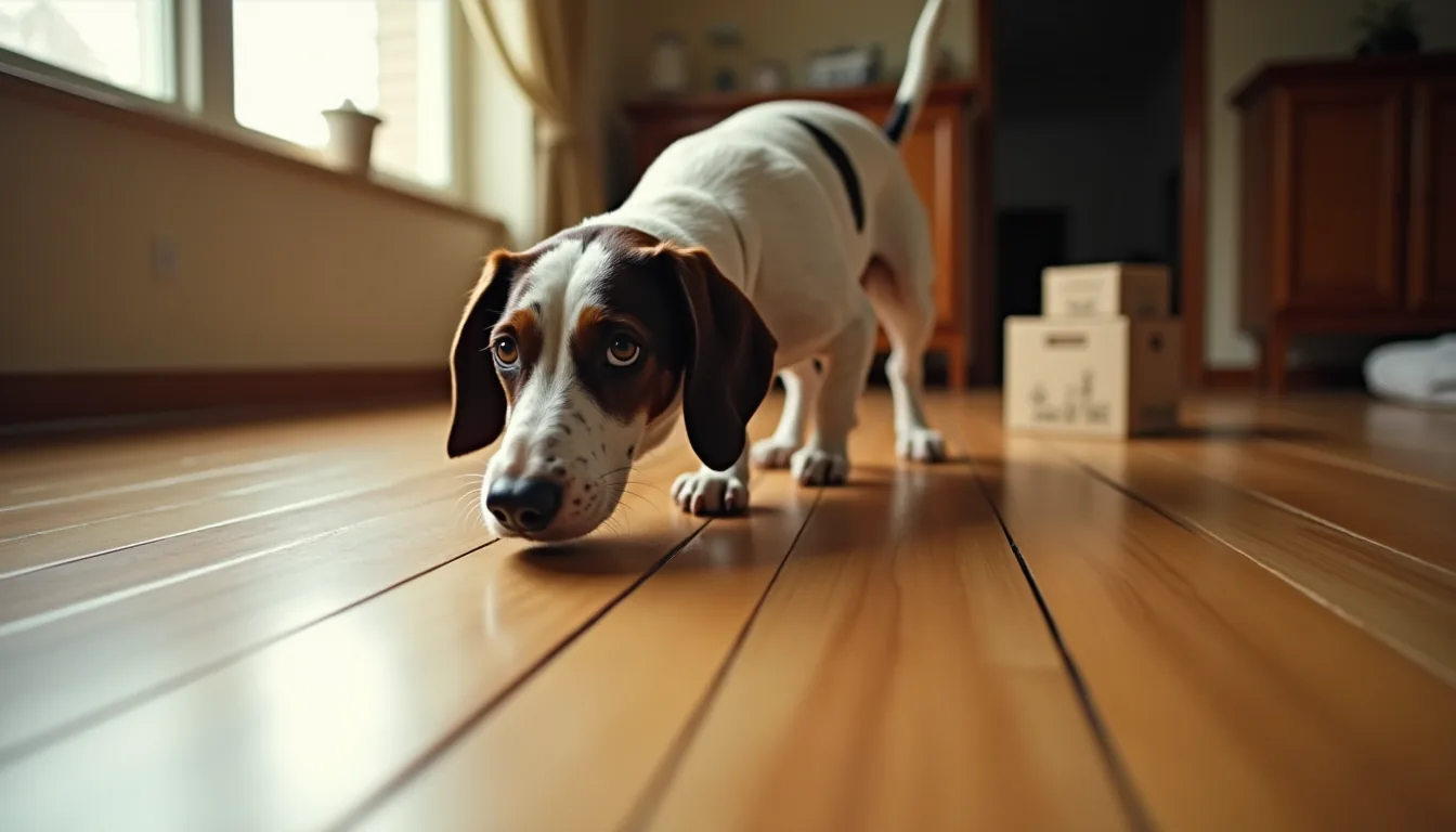 White and liver pointer sniffing a cardboard box during a home scent search on worn oak hardwood floors, morning light.