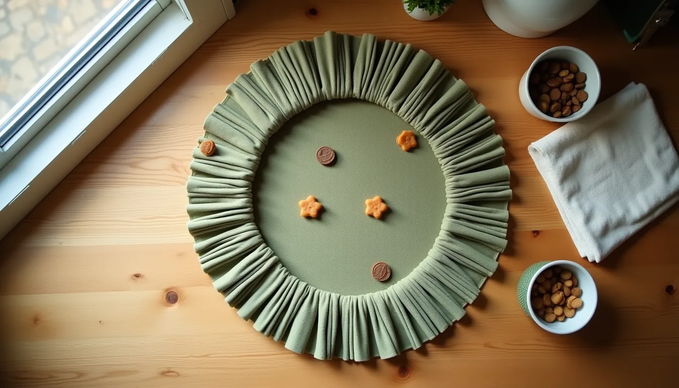 Overhead flat-lay of a circular snuffle mat with fleece strips, treats tucked inside, and a kibble bowl on a light oak counter.